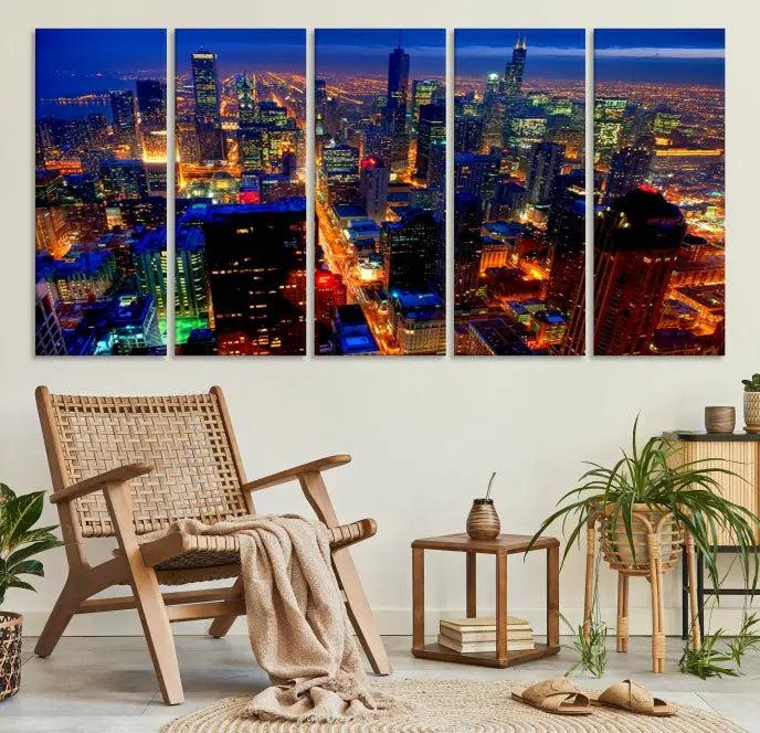 The "Chicago Wall Art Canvas Print Chicago City Night Canvas Print," a striking cityscape triptych depicting a brightly lit urban scene at night, elegantly enhances the space. This gallery-wrapped image features museum-quality polycotton and a UV-protective coating, ensuring its lasting brilliance.