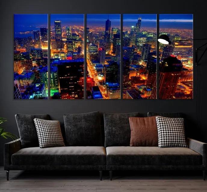 The "Chicago Wall Art Canvas Print Chicago City Night Canvas Print," a striking cityscape triptych depicting a brightly lit urban scene at night, elegantly enhances the space. This gallery-wrapped image features museum-quality polycotton and a UV-protective coating, ensuring its lasting brilliance.