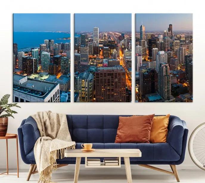 The Chicago Wall Art Canvas Print, showcasing the city at night, is expertly gallery wrapped and finished with a UV-protective coating.