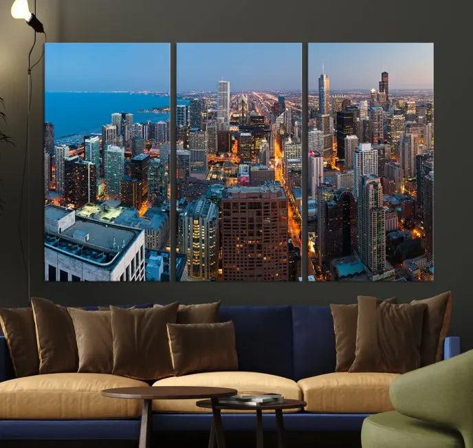 The Chicago Wall Art Canvas Print, showcasing the city at night, is expertly gallery wrapped and finished with a UV-protective coating.