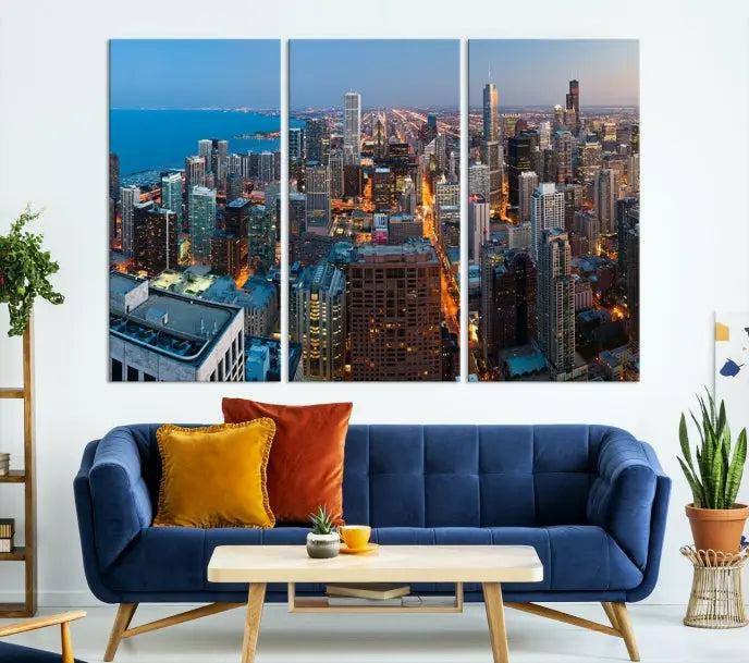 The Chicago Wall Art Canvas Print, showcasing the city at night, is expertly gallery wrapped and finished with a UV-protective coating.