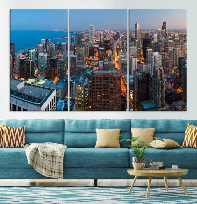 The Chicago Wall Art Canvas Print, showcasing the city at night, is expertly gallery wrapped and finished with a UV-protective coating.