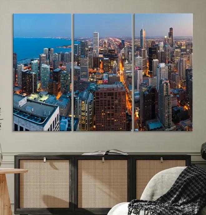 The Chicago Wall Art Canvas Print, showcasing the city at night, is expertly gallery wrapped and finished with a UV-protective coating.