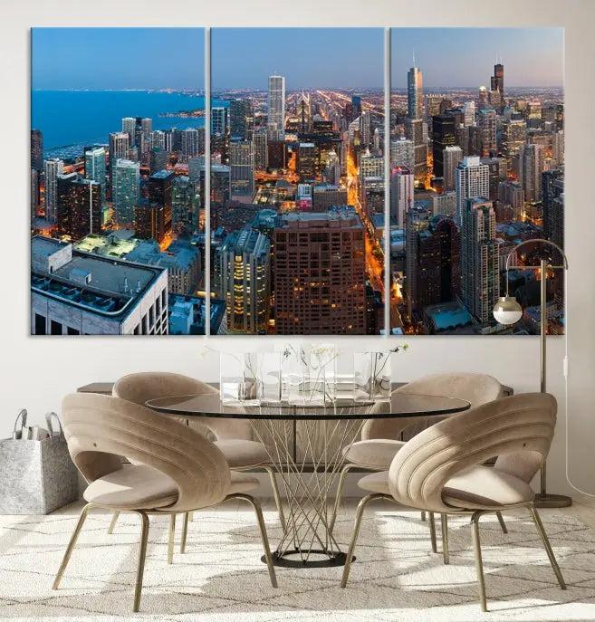 The Chicago Wall Art Canvas Print, showcasing the city at night, is expertly gallery wrapped and finished with a UV-protective coating.