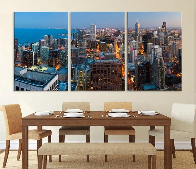 The Chicago Wall Art Canvas Print, showcasing the city at night, is expertly gallery wrapped and finished with a UV-protective coating.