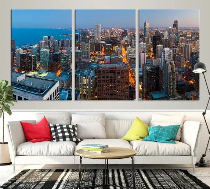 The Chicago Wall Art Canvas Print, showcasing the city at night, is expertly gallery wrapped and finished with a UV-protective coating.