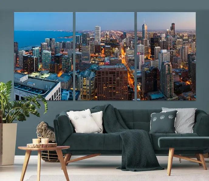 The Chicago Wall Art Canvas Print, showcasing the city at night, is expertly gallery wrapped and finished with a UV-protective coating.