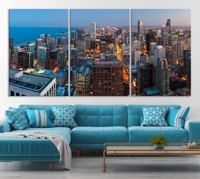 The Chicago Wall Art Canvas Print, showcasing the city at night, is expertly gallery wrapped and finished with a UV-protective coating.