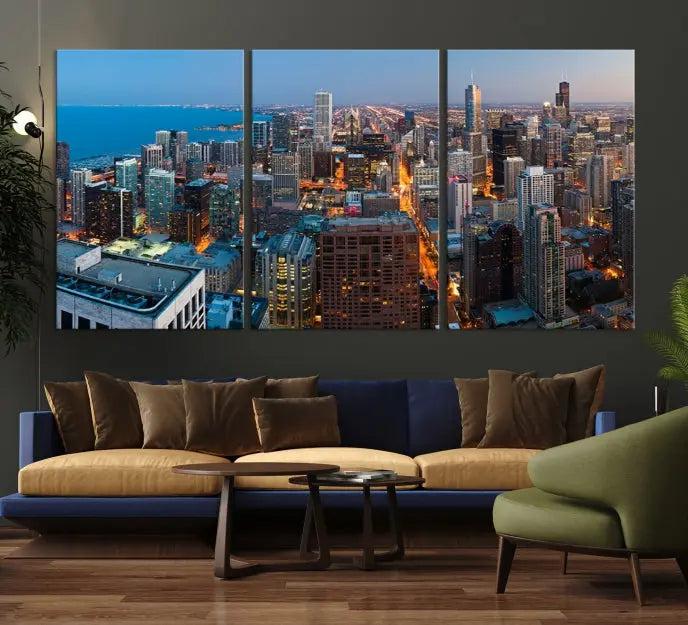 The Chicago Wall Art Canvas Print, showcasing the city at night, is expertly gallery wrapped and finished with a UV-protective coating.