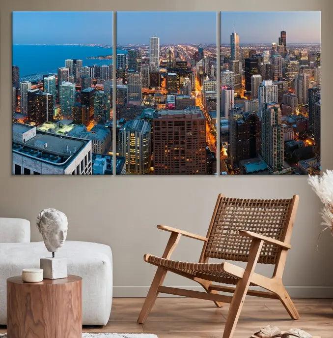 The Chicago Wall Art Canvas Print, showcasing the city at night, is expertly gallery wrapped and finished with a UV-protective coating.