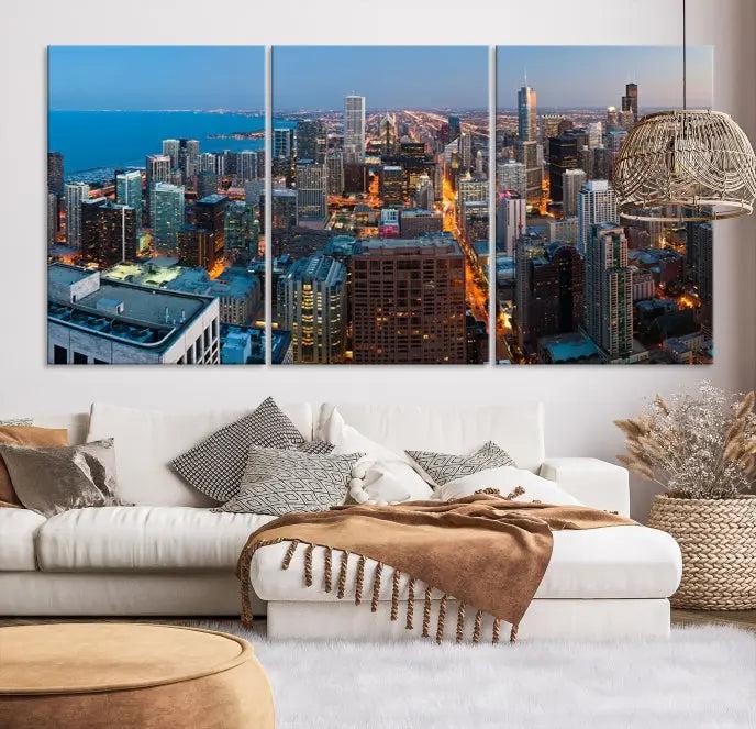 The Chicago Wall Art Canvas Print, showcasing the city at night, is expertly gallery wrapped and finished with a UV-protective coating.