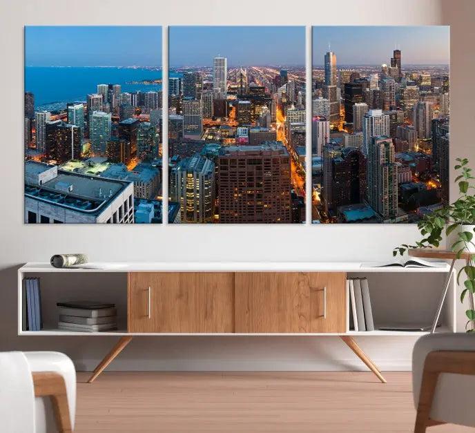 The Chicago Wall Art Canvas Print, showcasing the city at night, is expertly gallery wrapped and finished with a UV-protective coating.