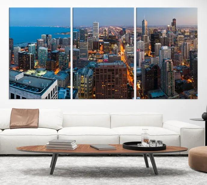 The Chicago Wall Art Canvas Print, showcasing the city at night, is expertly gallery wrapped and finished with a UV-protective coating.