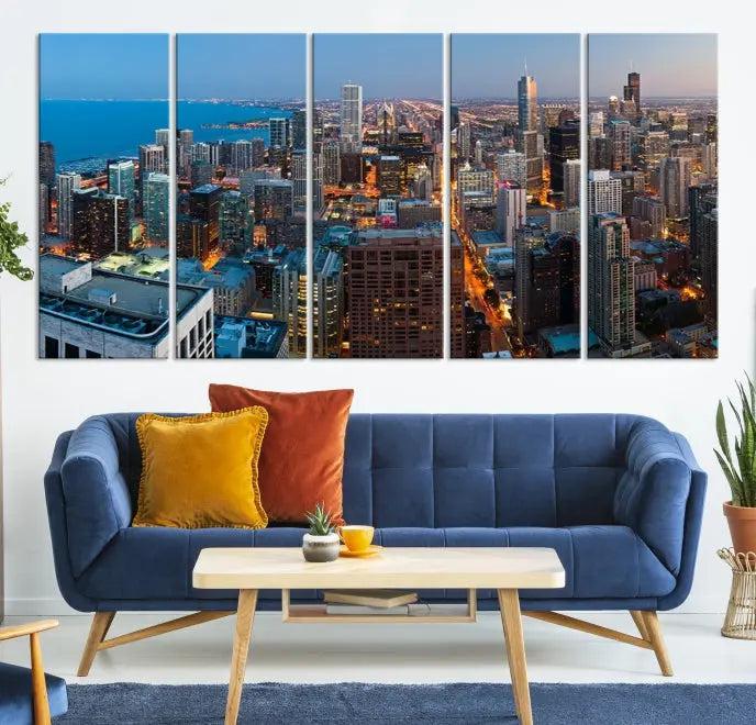 The Chicago Wall Art Canvas Print, showcasing the city at night, is expertly gallery wrapped and finished with a UV-protective coating.