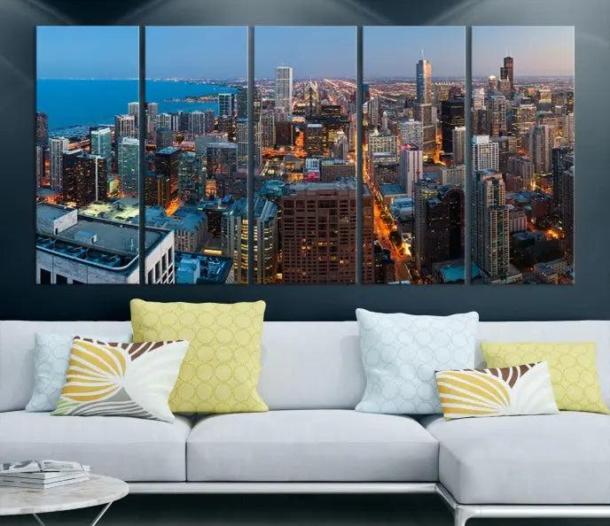 The Chicago Wall Art Canvas Print, showcasing the city at night, is expertly gallery wrapped and finished with a UV-protective coating.