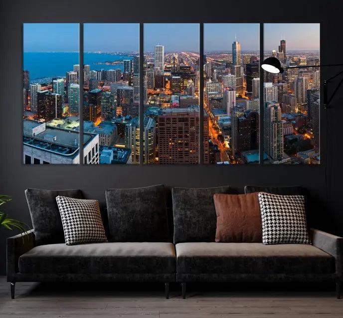 The Chicago Wall Art Canvas Print, showcasing the city at night, is expertly gallery wrapped and finished with a UV-protective coating.