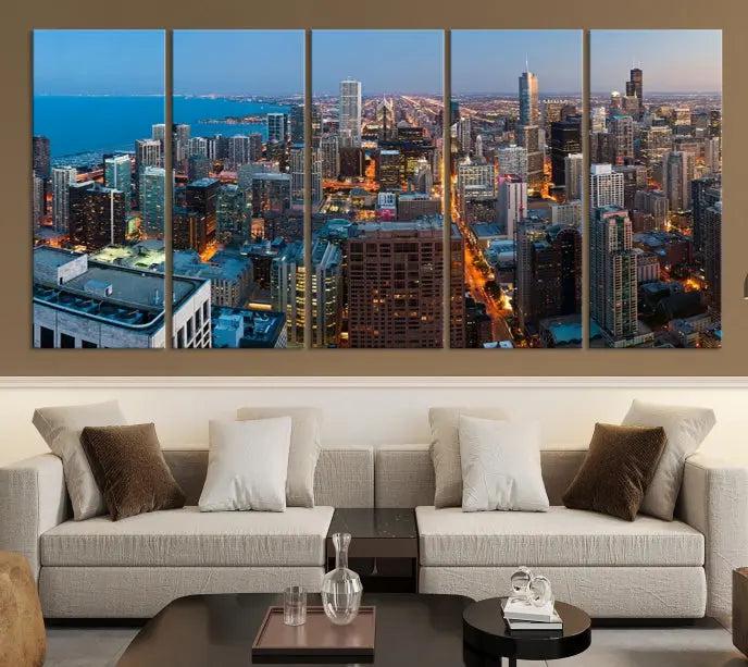 The Chicago Wall Art Canvas Print, showcasing the city at night, is expertly gallery wrapped and finished with a UV-protective coating.