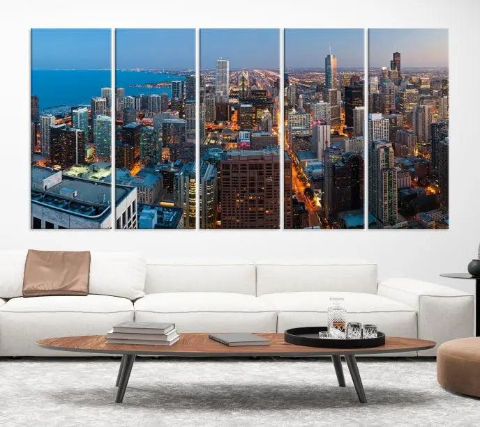 The Chicago Wall Art Canvas Print, showcasing the city at night, is expertly gallery wrapped and finished with a UV-protective coating.