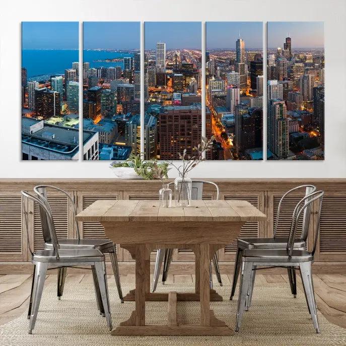 The Chicago Wall Art Canvas Print, showcasing the city at night, is expertly gallery wrapped and finished with a UV-protective coating.