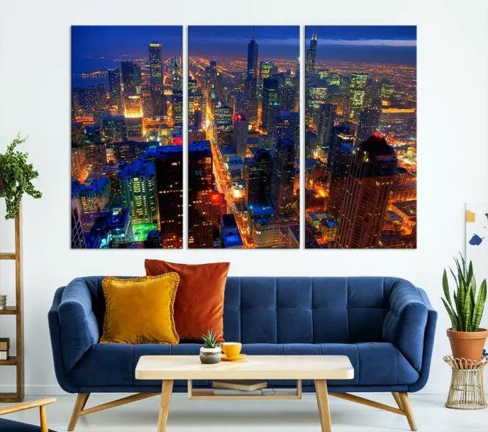 The Chicago Wall Art Canvas Print captures the city at night and is printed on museum-quality canvas with a UV-protective coating. This ready-to-hang masterpiece brings completion to the cozy living room.