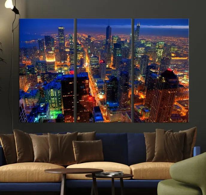 The Chicago Wall Art Canvas Print captures the city at night and is printed on museum-quality canvas with a UV-protective coating. This ready-to-hang masterpiece brings completion to the cozy living room.