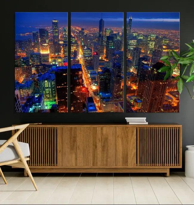 The Chicago Wall Art Canvas Print captures the city at night and is printed on museum-quality canvas with a UV-protective coating. This ready-to-hang masterpiece brings completion to the cozy living room.