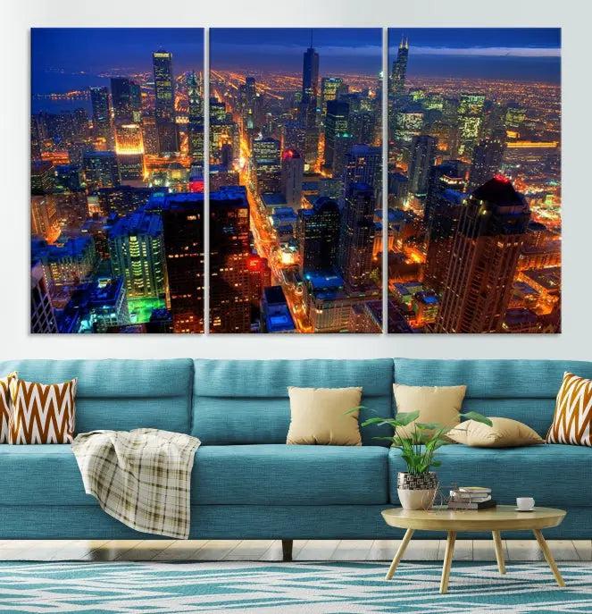 The Chicago Wall Art Canvas Print captures the city at night and is printed on museum-quality canvas with a UV-protective coating. This ready-to-hang masterpiece brings completion to the cozy living room.