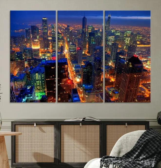 The Chicago Wall Art Canvas Print captures the city at night and is printed on museum-quality canvas with a UV-protective coating. This ready-to-hang masterpiece brings completion to the cozy living room.