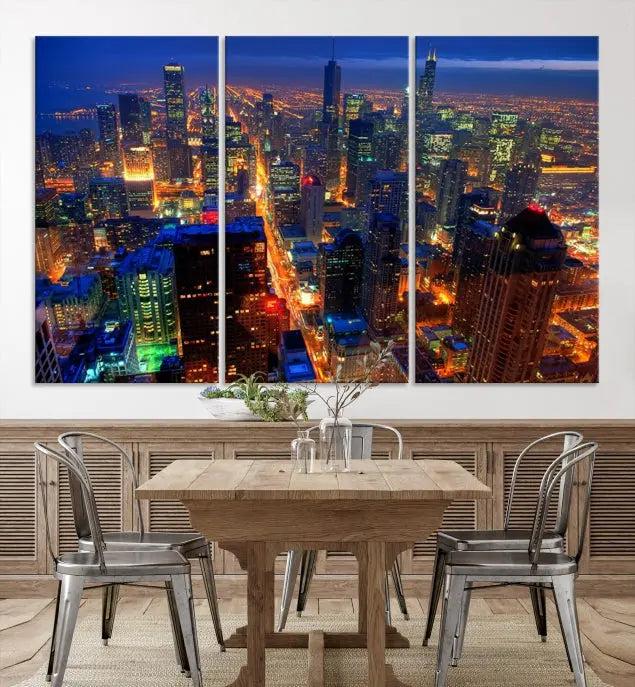 The Chicago Wall Art Canvas Print captures the city at night and is printed on museum-quality canvas with a UV-protective coating. This ready-to-hang masterpiece brings completion to the cozy living room.