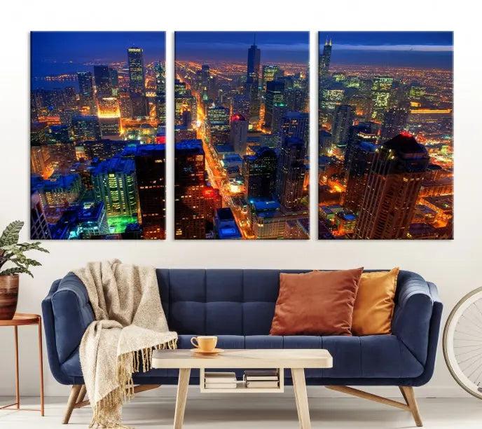 The Chicago Wall Art Canvas Print captures the city at night and is printed on museum-quality canvas with a UV-protective coating. This ready-to-hang masterpiece brings completion to the cozy living room.