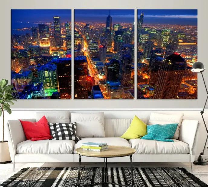 The Chicago Wall Art Canvas Print captures the city at night and is printed on museum-quality canvas with a UV-protective coating. This ready-to-hang masterpiece brings completion to the cozy living room.