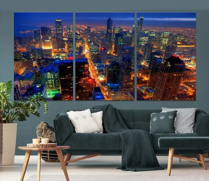 The Chicago Wall Art Canvas Print captures the city at night and is printed on museum-quality canvas with a UV-protective coating. This ready-to-hang masterpiece brings completion to the cozy living room.