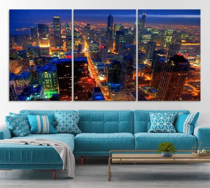 The Chicago Wall Art Canvas Print captures the city at night and is printed on museum-quality canvas with a UV-protective coating. This ready-to-hang masterpiece brings completion to the cozy living room.