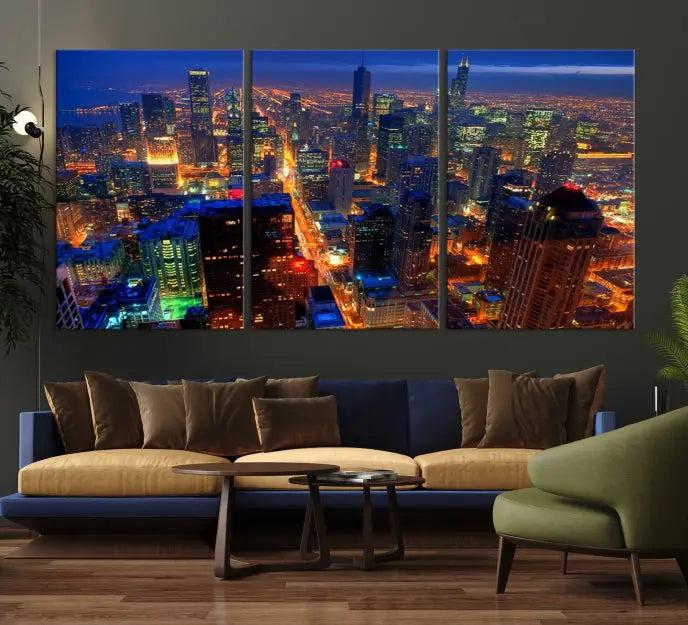 The Chicago Wall Art Canvas Print captures the city at night and is printed on museum-quality canvas with a UV-protective coating. This ready-to-hang masterpiece brings completion to the cozy living room.