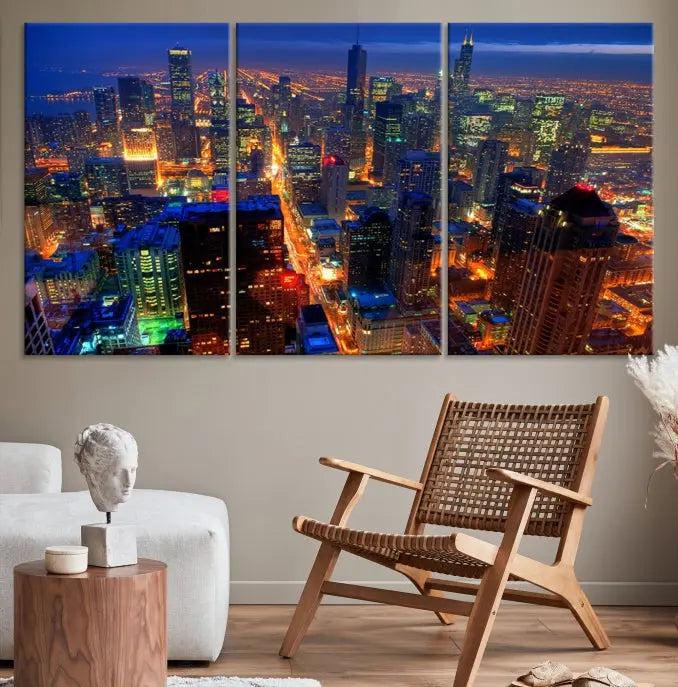 The Chicago Wall Art Canvas Print captures the city at night and is printed on museum-quality canvas with a UV-protective coating. This ready-to-hang masterpiece brings completion to the cozy living room.