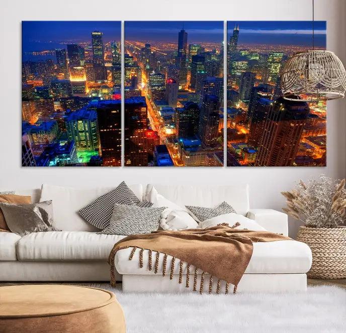 The Chicago Wall Art Canvas Print captures the city at night and is printed on museum-quality canvas with a UV-protective coating. This ready-to-hang masterpiece brings completion to the cozy living room.