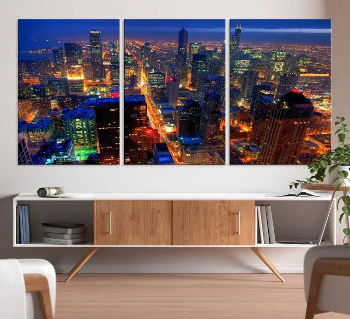 The Chicago Wall Art Canvas Print captures the city at night and is printed on museum-quality canvas with a UV-protective coating. This ready-to-hang masterpiece brings completion to the cozy living room.