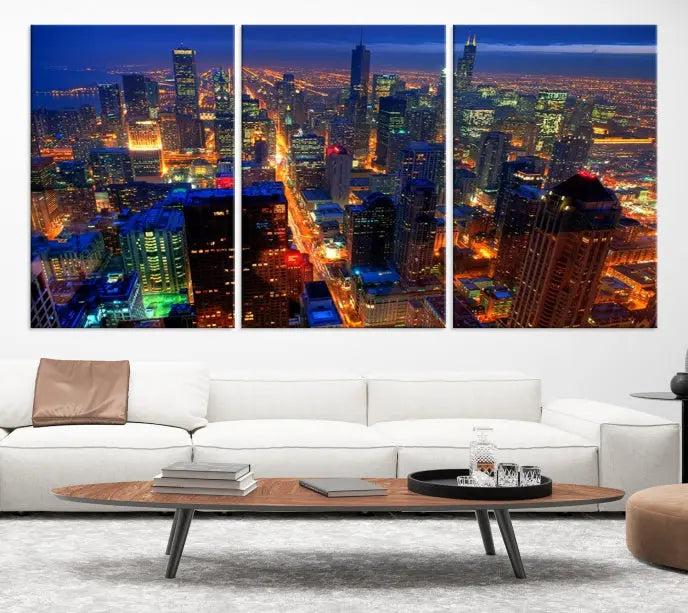 The Chicago Wall Art Canvas Print captures the city at night and is printed on museum-quality canvas with a UV-protective coating. This ready-to-hang masterpiece brings completion to the cozy living room.