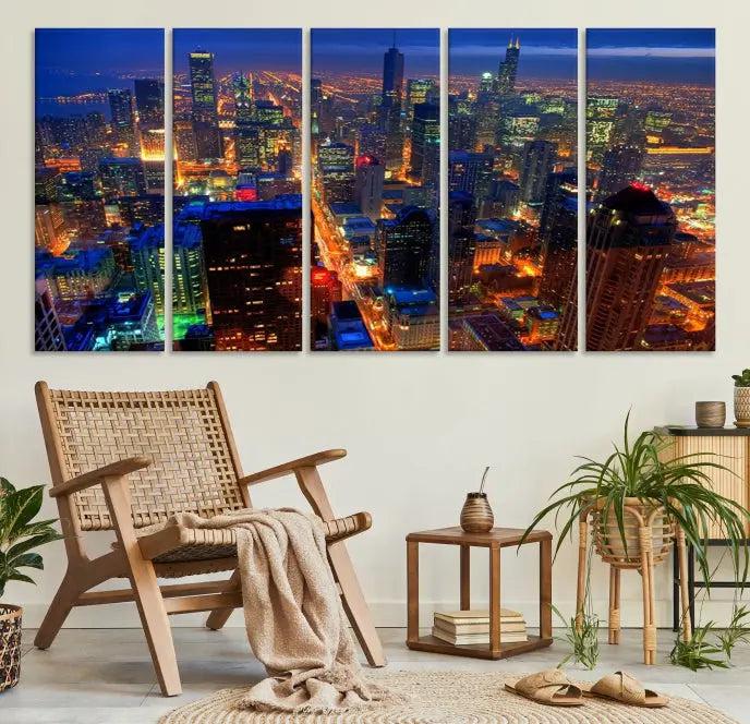 The Chicago Wall Art Canvas Print captures the city at night and is printed on museum-quality canvas with a UV-protective coating. This ready-to-hang masterpiece brings completion to the cozy living room.