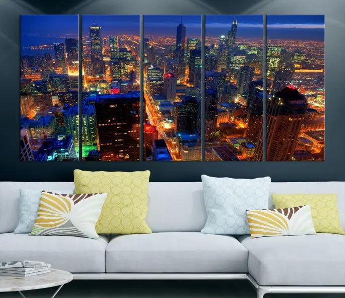 The Chicago Wall Art Canvas Print captures the city at night and is printed on museum-quality canvas with a UV-protective coating. This ready-to-hang masterpiece brings completion to the cozy living room.