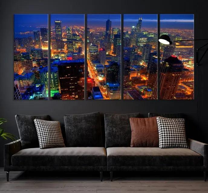 The Chicago Wall Art Canvas Print captures the city at night and is printed on museum-quality canvas with a UV-protective coating. This ready-to-hang masterpiece brings completion to the cozy living room.