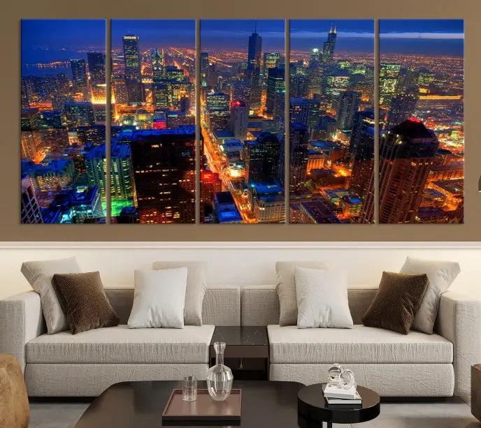 The Chicago Wall Art Canvas Print captures the city at night and is printed on museum-quality canvas with a UV-protective coating. This ready-to-hang masterpiece brings completion to the cozy living room.