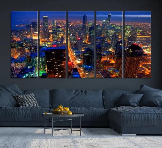 The Chicago Wall Art Canvas Print captures the city at night and is printed on museum-quality canvas with a UV-protective coating. This ready-to-hang masterpiece brings completion to the cozy living room.