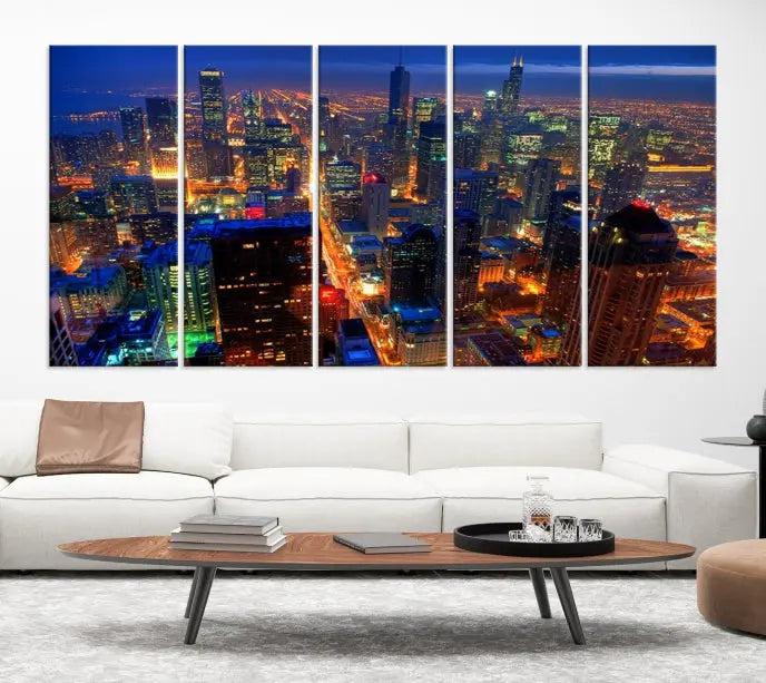 The Chicago Wall Art Canvas Print captures the city at night and is printed on museum-quality canvas with a UV-protective coating. This ready-to-hang masterpiece brings completion to the cozy living room.