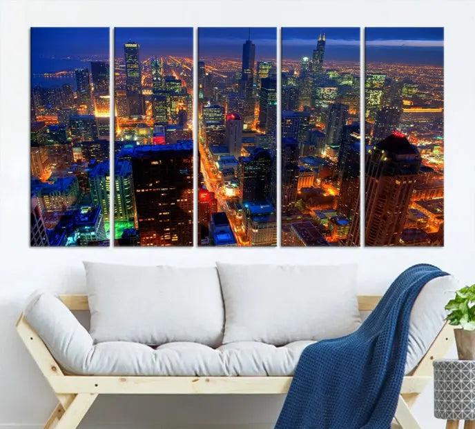 The Chicago Wall Art Canvas Print captures the city at night and is printed on museum-quality canvas with a UV-protective coating. This ready-to-hang masterpiece brings completion to the cozy living room.