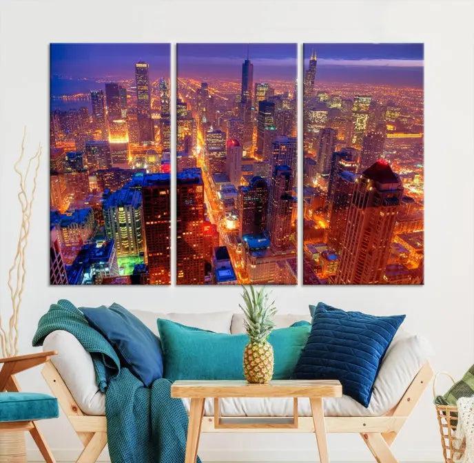 Experience the Chicago Wall Art Canvas Print, featuring a stunning depiction of Chicago's city skyline at night, with glowing lights on museum-quality canvas. Its UV-protective coating ensures lasting brilliance.