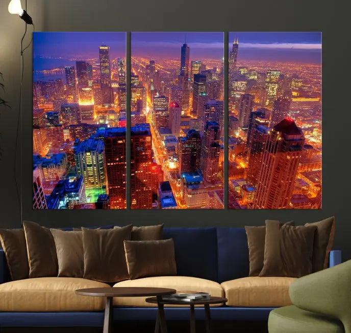 Experience the Chicago Wall Art Canvas Print, featuring a stunning depiction of Chicago's city skyline at night, with glowing lights on museum-quality canvas. Its UV-protective coating ensures lasting brilliance.