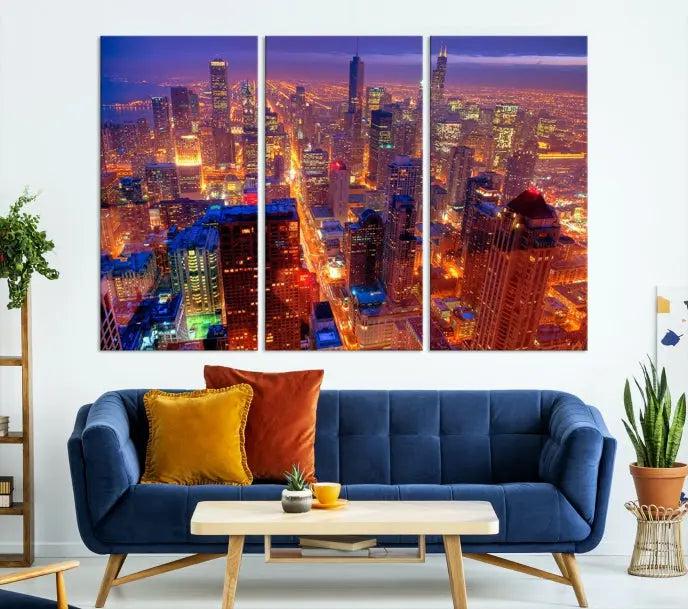 Experience the Chicago Wall Art Canvas Print, featuring a stunning depiction of Chicago's city skyline at night, with glowing lights on museum-quality canvas. Its UV-protective coating ensures lasting brilliance.