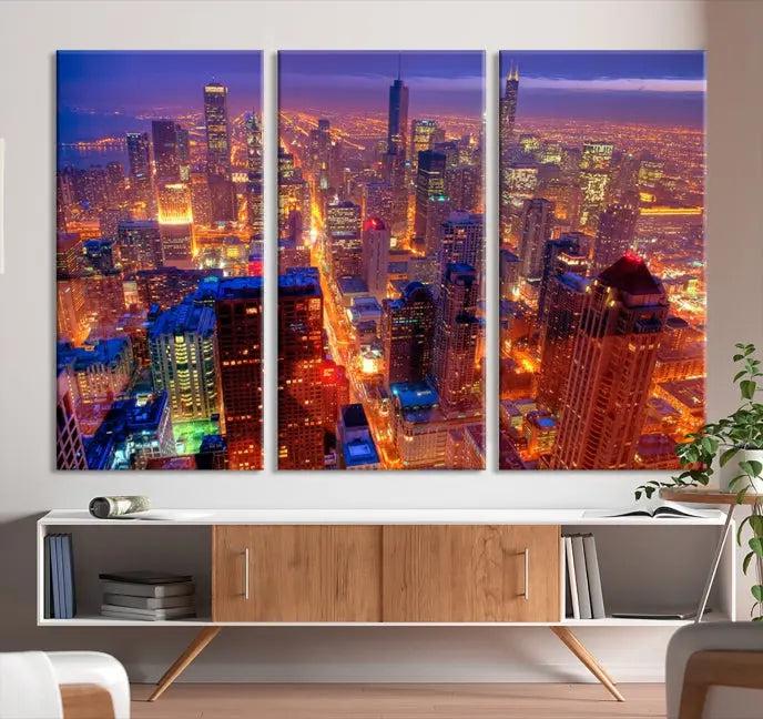 Experience the Chicago Wall Art Canvas Print, featuring a stunning depiction of Chicago's city skyline at night, with glowing lights on museum-quality canvas. Its UV-protective coating ensures lasting brilliance.