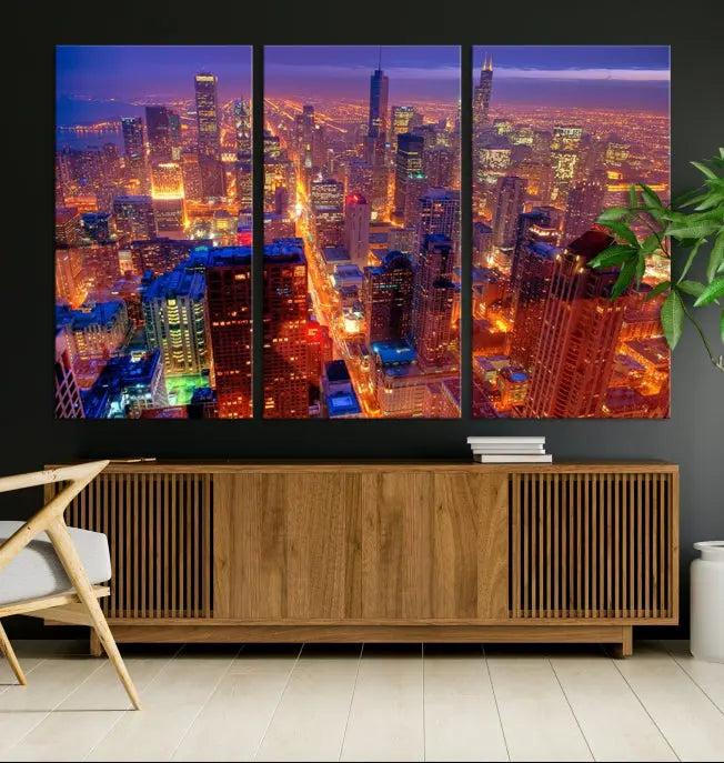 Experience the Chicago Wall Art Canvas Print, featuring a stunning depiction of Chicago's city skyline at night, with glowing lights on museum-quality canvas. Its UV-protective coating ensures lasting brilliance.